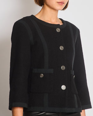 Chanel 13/P Black Vintage Tweed Jacket with Ribbed Fabric Trim Details and Silver CC Logo Star Buttons Size FR 38 (UK 10)