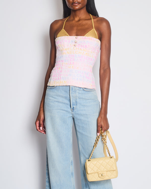 Chanel 24C Multicolour Logo Tweed Top with Metallic Gold Bra Detail FR 36 (UK 8)