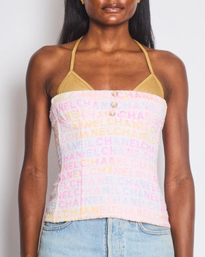 Chanel 24C Multicolour Logo Tweed Top with Metallic Gold Bra Detail FR 36 (UK 8)