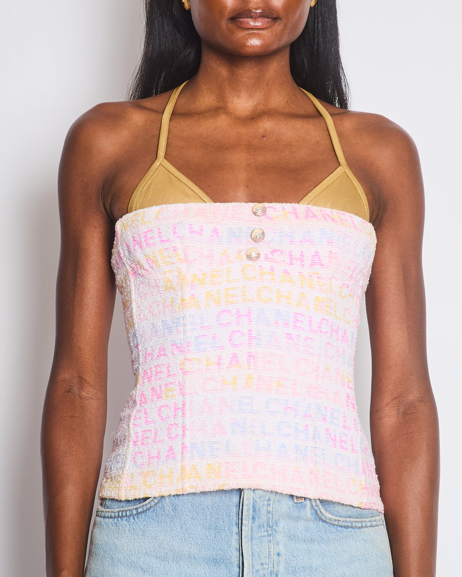 Chanel 24C Multicolour Logo Tweed Top with Metallic Gold Bra Detail FR 36 (UK 8)