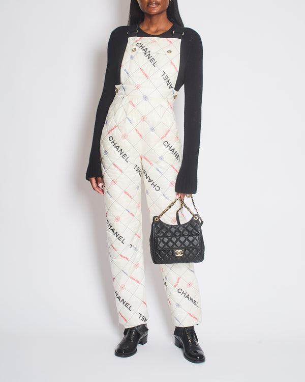 Chanel White Quilted Ski Jumpsuit with Crystal Logo Details Size FR 34 (UK 6)