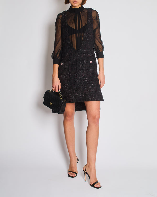 Chanel Resort 2024 Black Embellished Mini Dress with Pink Metallic Details and Crystal CC Logo Buttons Size FR 36 (UK 8)