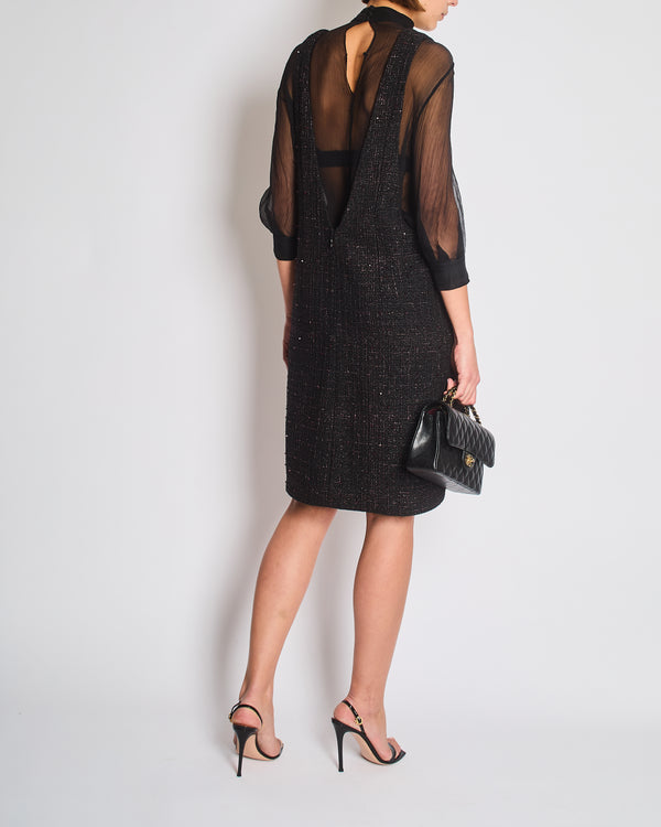 Chanel Resort 2024 Black Embellished Mini Dress with Pink Metallic Details and Crystal CC Logo Buttons Size FR 36 (UK 8)