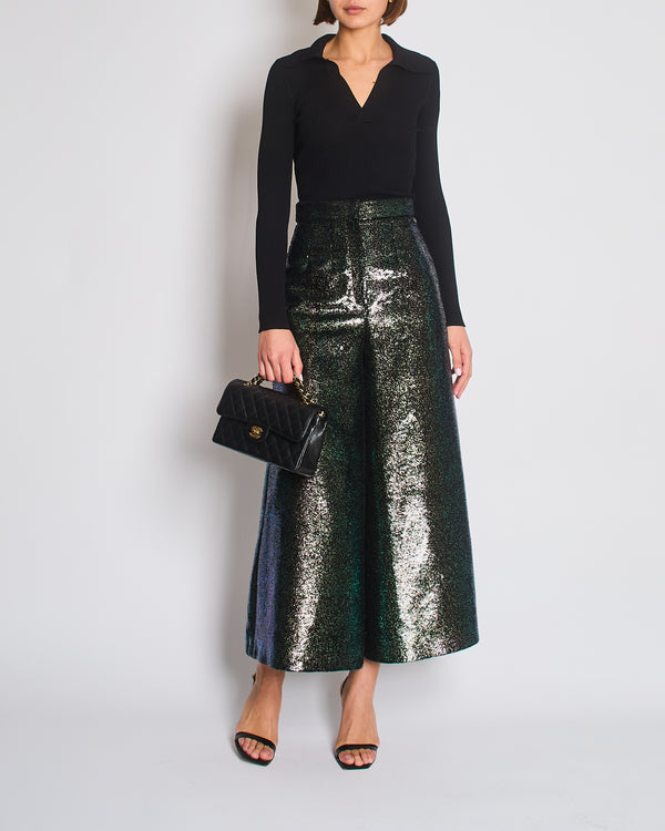 Chanel Black Sequins and Green Iridescent Wide Leg Trousers with CC Logo Detail Size FR 34 (UK 6)