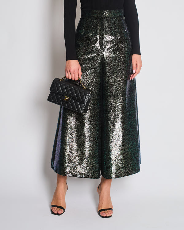 Chanel Black Sequins and Green Iridescent Wide Leg Trousers with CC Logo Detail Size FR 34 (UK 6)