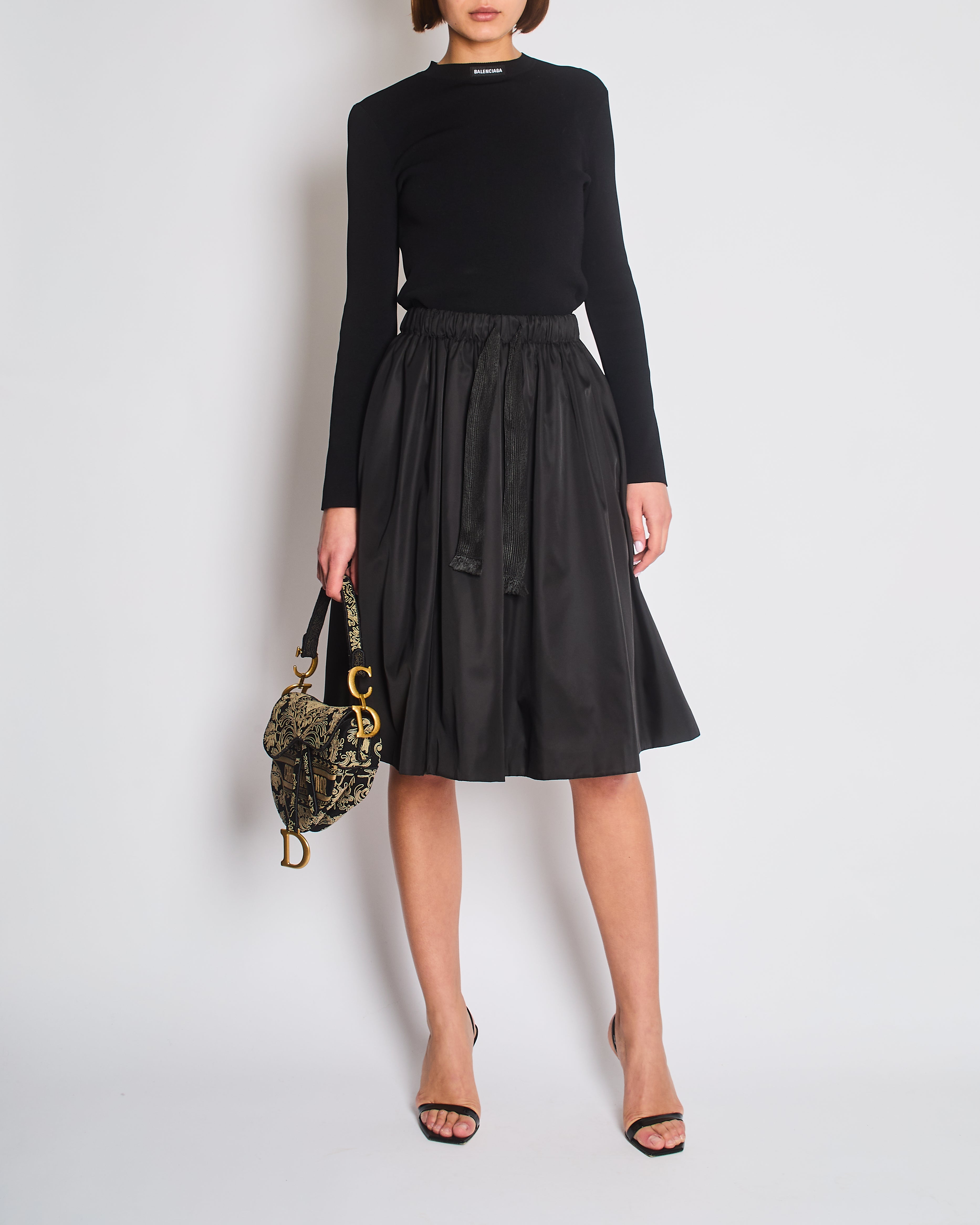 Prada Black Nylon Midi Skirt with Drawstring Detail Size IT 38 (UK