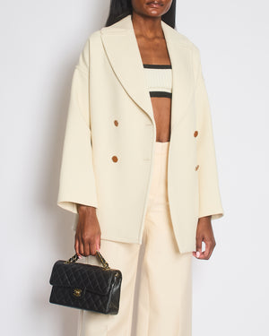 Hermes Cream Double Breasted Wool Coat with Brown Leather Button Detail Size FR 32 (UK 4)