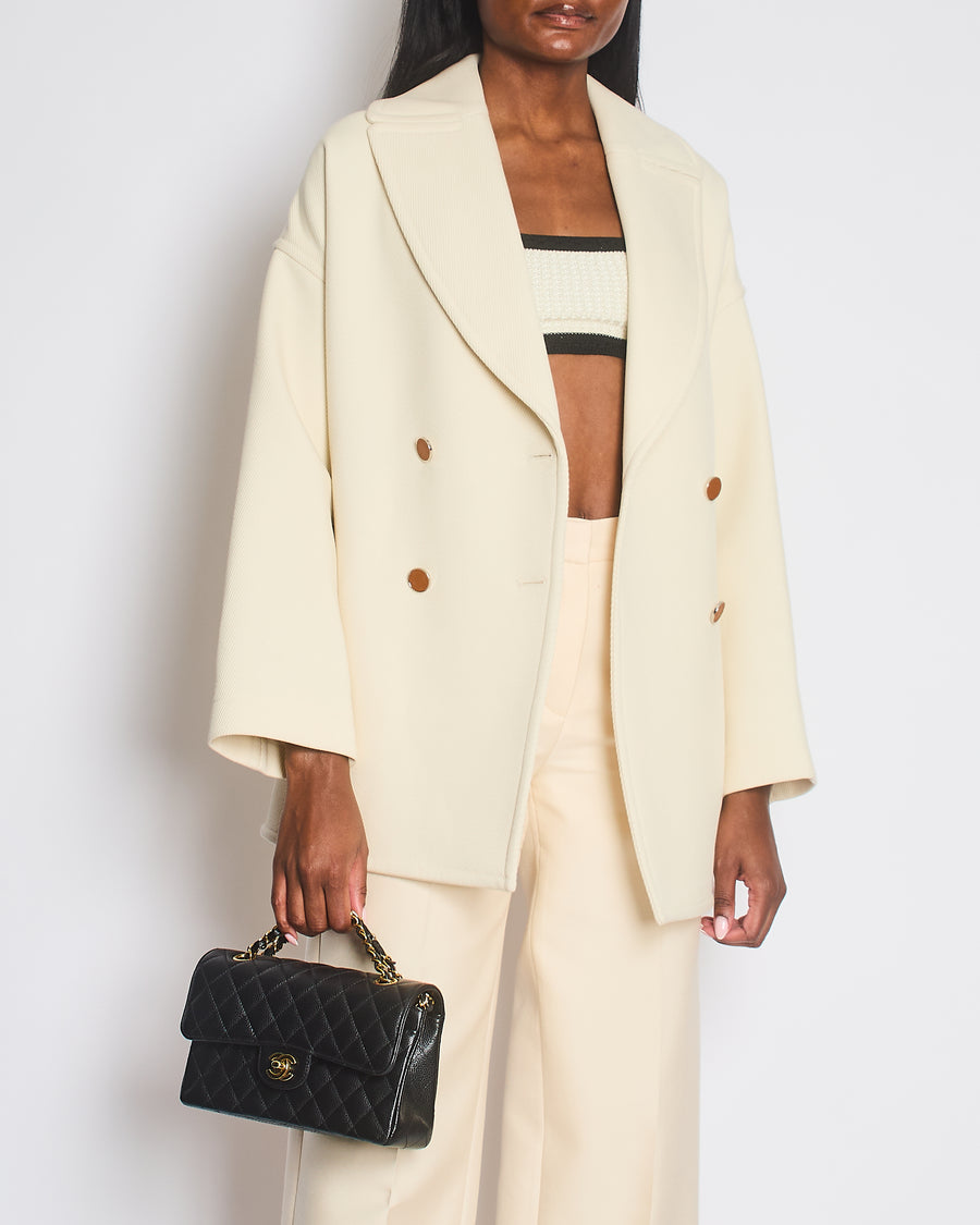 Hermes Cream Double Breasted Wool Coat with Brown Leather Button Detail Size FR 32 (UK 4)