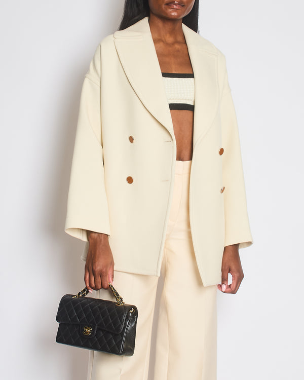 Hermes Cream Double Breasted Wool Coat with Brown Leather Button Detail Size FR 32 (UK 4)