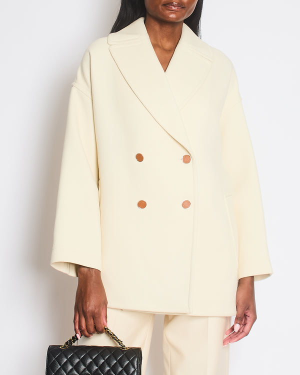 Hermes Cream Double Breasted Wool Coat with Brown Leather Button Detail Size FR 32 (UK 4)