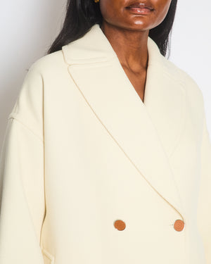 Hermes Cream Double Breasted Wool Coat with Brown Leather Button Detail Size FR 32 (UK 4)