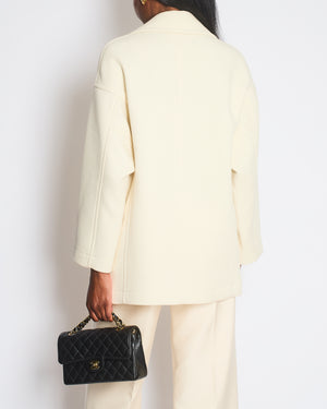 Hermes Cream Double Breasted Wool Coat with Brown Leather Button Detail Size FR 32 (UK 4)