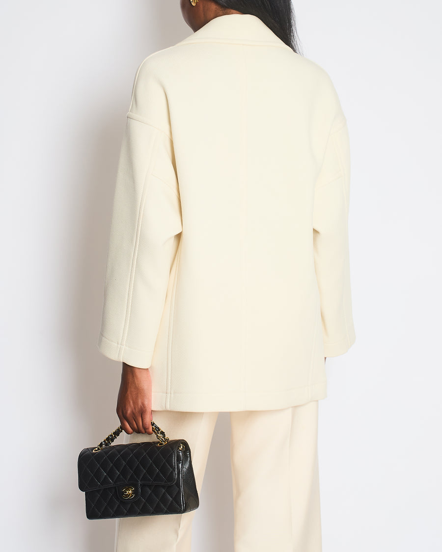 Hermes Cream Double Breasted Wool Coat with Brown Leather Button Detail Size FR 32 (UK 4)