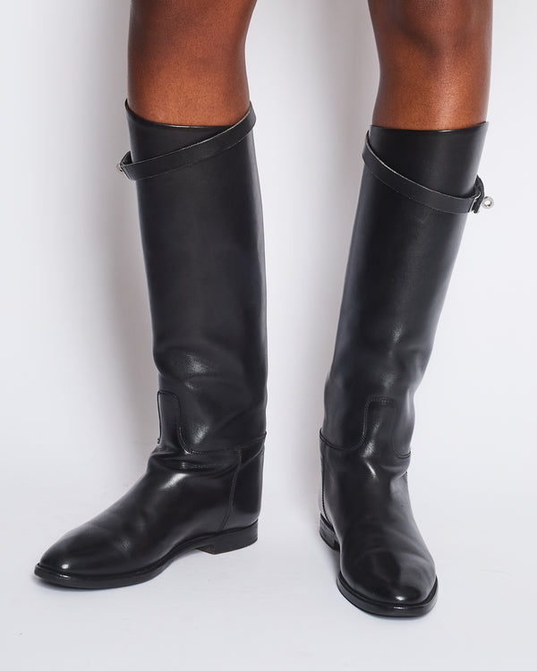 Hermès Black Jumping Boots in Calfskin Leather with Palladium Buckle Size EU 38