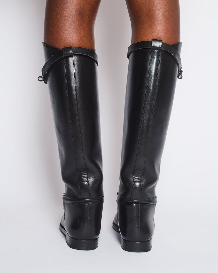 Hermès Black Jumping Boots in Calfskin Leather with Palladium Buckle Size EU 38