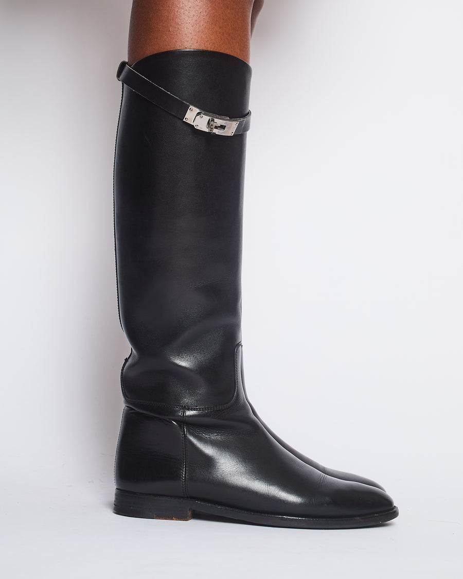 Hermès Black Jumping Boots in Calfskin Leather with Palladium Buckle Size EU 38