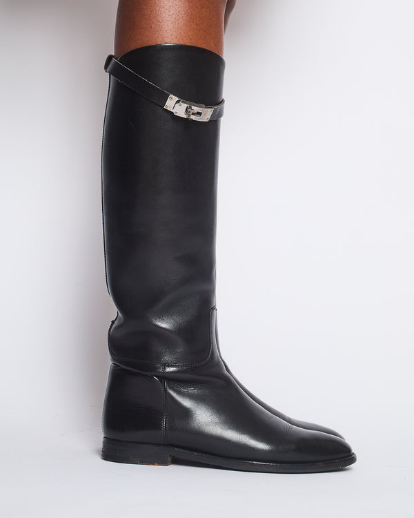 Hermès Black Jumping Boots in Calfskin Leather with Palladium Buckle Size EU 38