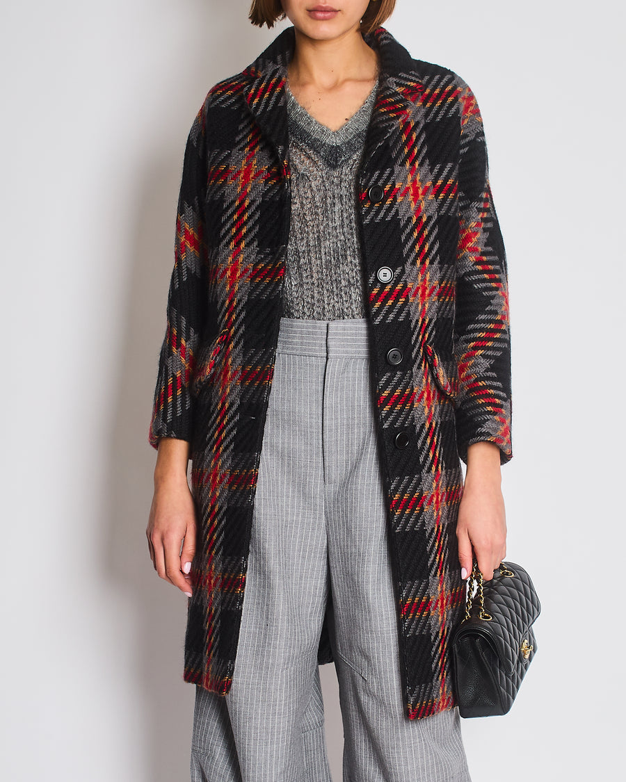 Miu Miu Grey, Black, Red, Camel Check Tweed Button Down Coat IT 38 (UK 6)