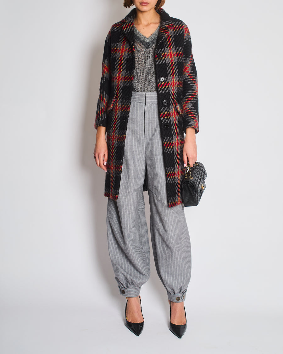 Miu Miu Grey, Black, Red, Camel Check Tweed Button Down Coat IT 38 (UK 6)