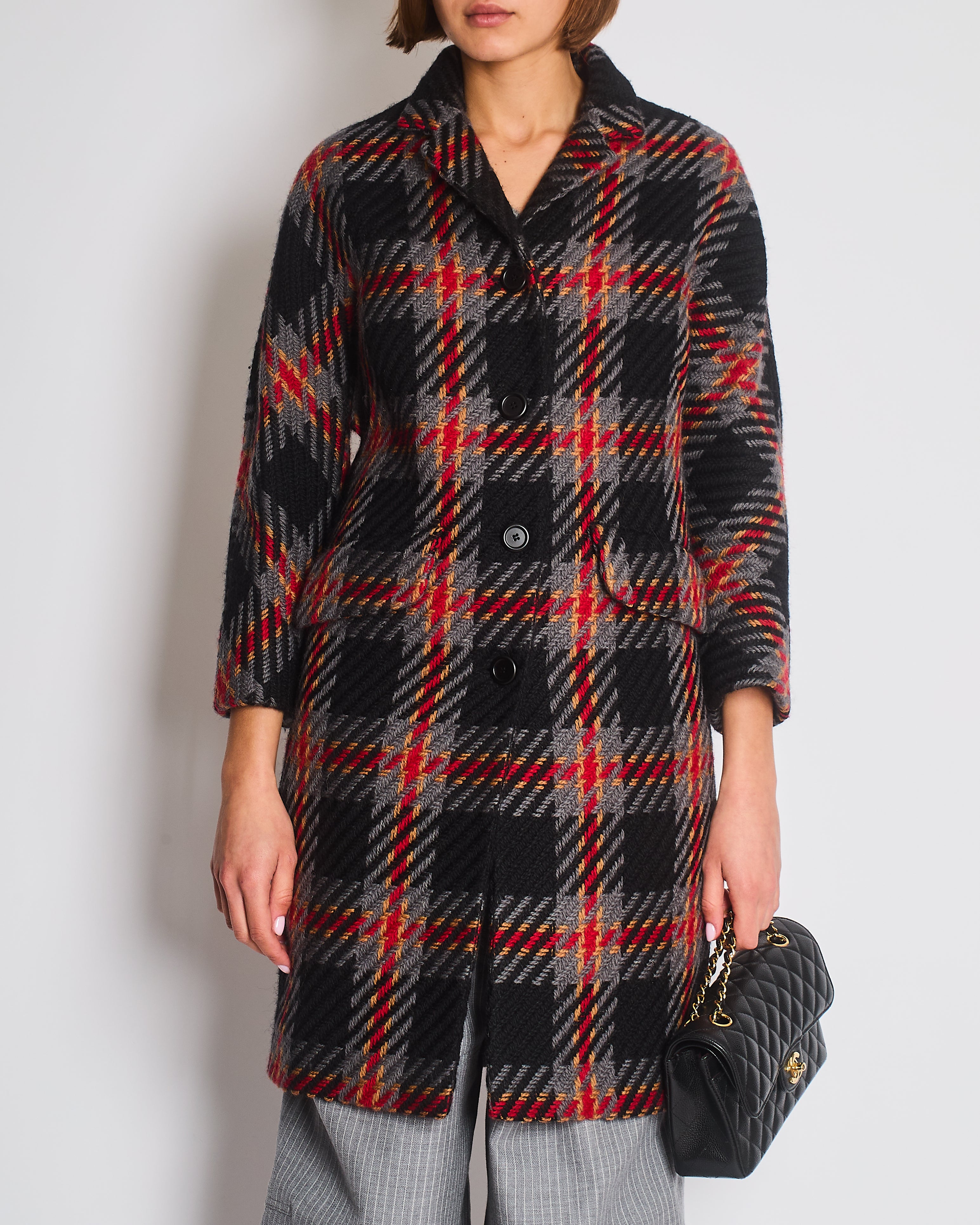 Miu Miu Grey, Black, Red, Camel Check Tweed Button Down Coat IT 38