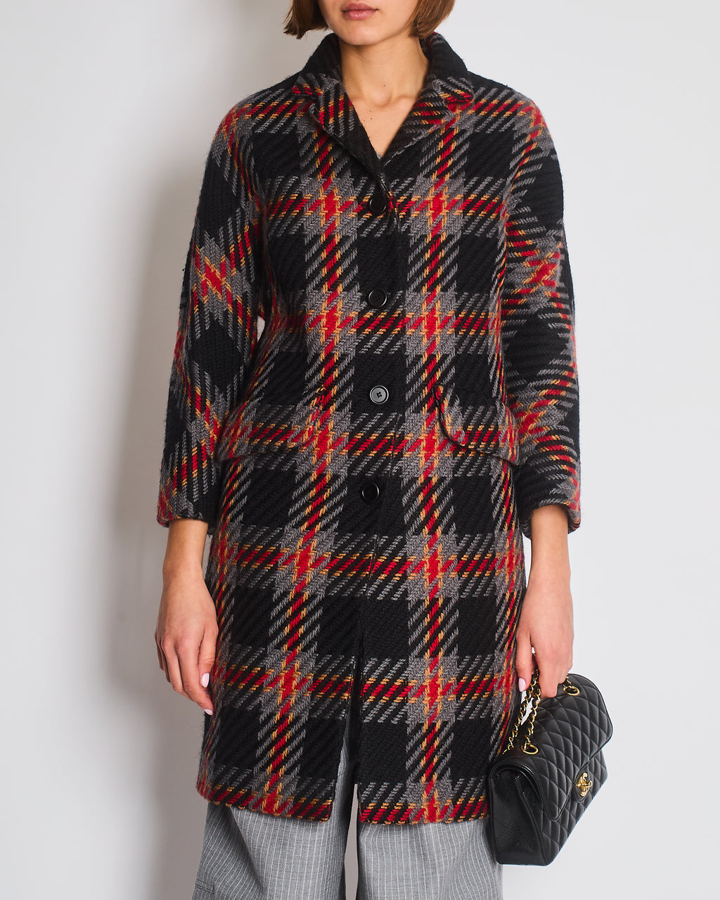 Miu Miu Grey, Black, Red, Camel Check Tweed Button Down Coat IT 38