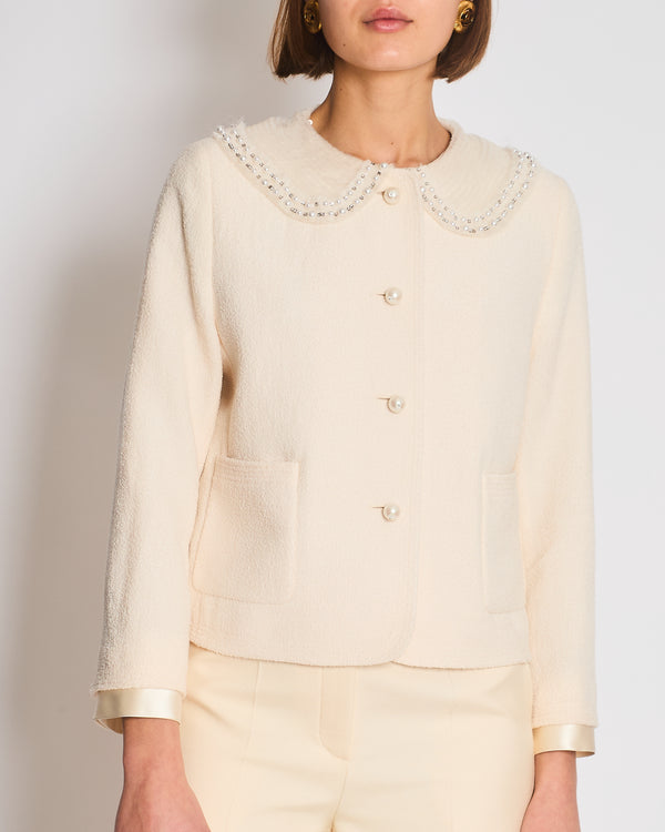 Miu Miu Cream Jacket with Peterpan Pearl Embellished Collar IT 44 (UK 12)