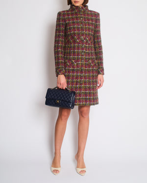 Chanel Green, Blue, Pink Tweed Check Long Coat with Button CC Detailing FR 34 (UK 6)