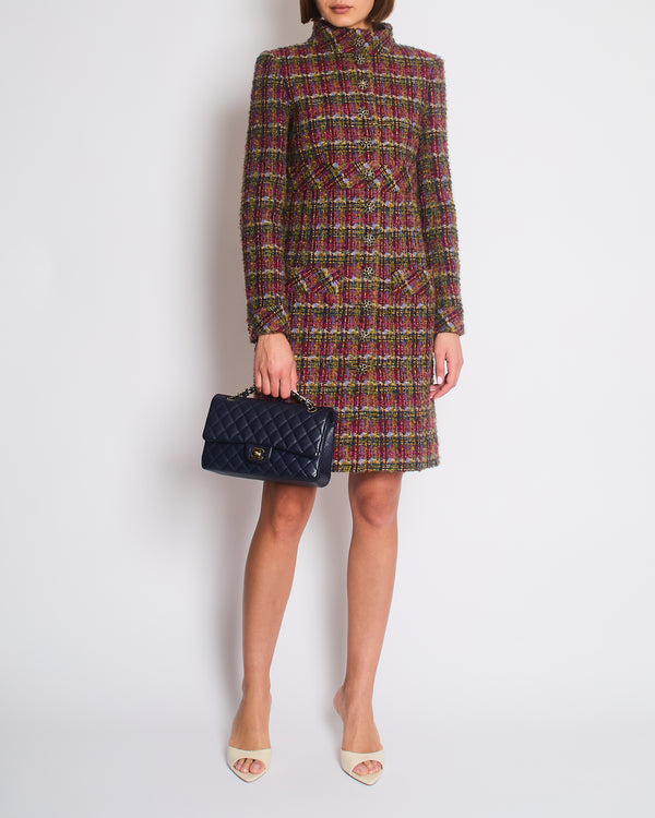 Chanel Green, Blue, Pink Tweed Check Long Coat with Button CC Detailing FR 34 (UK 6)