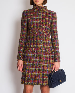 Chanel Green, Blue, Pink Tweed Check Long Coat with Button CC Detailing FR 34 (UK 6)