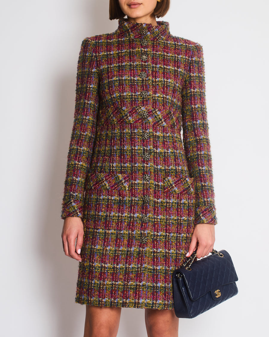 Chanel Green, Blue, Pink Tweed Check Long Coat with Button CC Detailing FR 34 (UK 6)