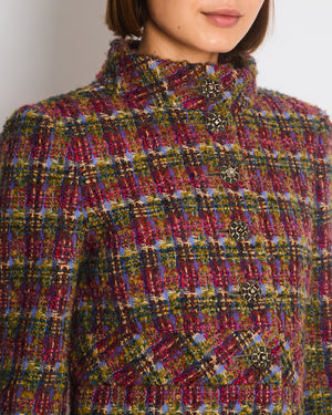 Chanel Green, Blue, Pink Tweed Check Long Coat with Button CC Detailing FR 34 (UK 6)