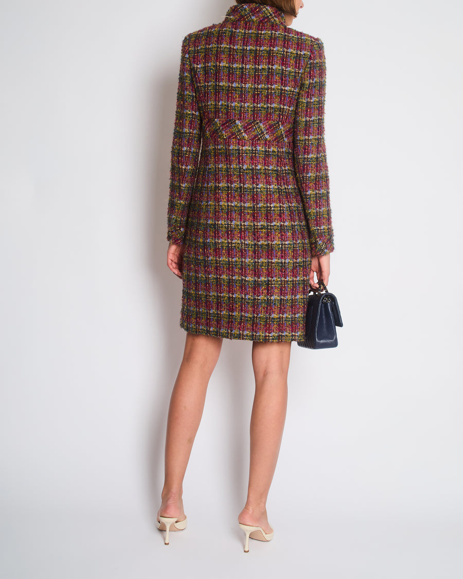 Chanel Green, Blue, Pink Tweed Check Long Coat with Button CC Detailing FR 34 (UK 6)