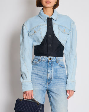 Mugler Blue Light Wash Denim Panelled Cropped Jacket with Pocket Detail Size FR 38 (UK 10)