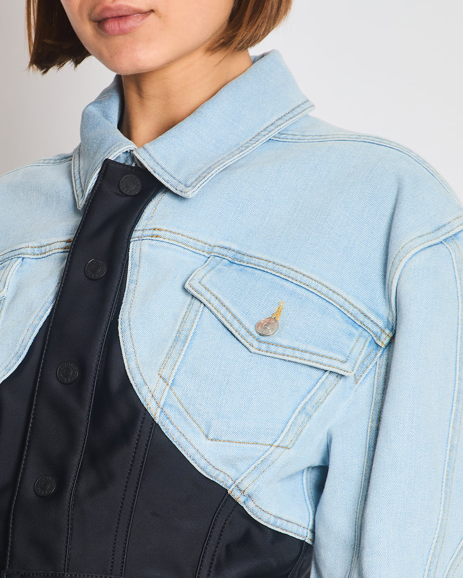 Mugler Blue Light Wash Denim Panelled Cropped Jacket with Pocket Detail Size FR 38 (UK 10)