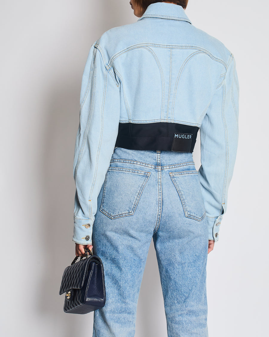 Mugler Blue Light Wash Denim Panelled Cropped Jacket with Pocket Detail Size FR 38 (UK 10)