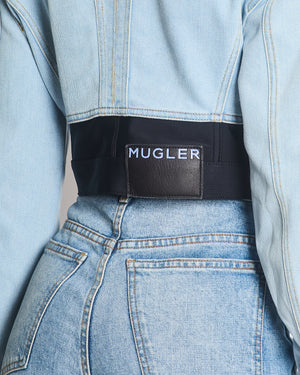 Mugler Blue Light Wash Denim Panelled Cropped Jacket with Pocket Detail Size FR 38 (UK 10)