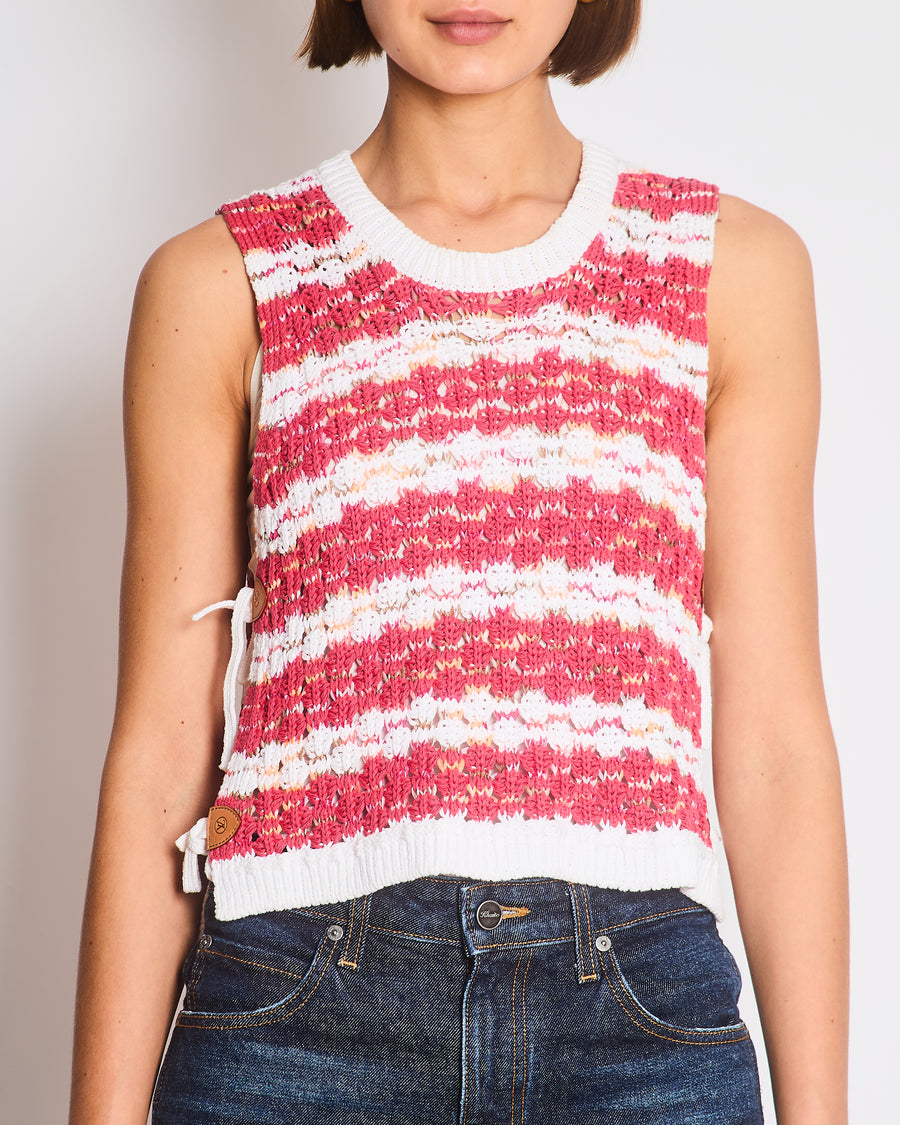Louis Vuitton Red Crochet Knitted Tank Top with Leather Logo Ties Size S (UK 6/8)
