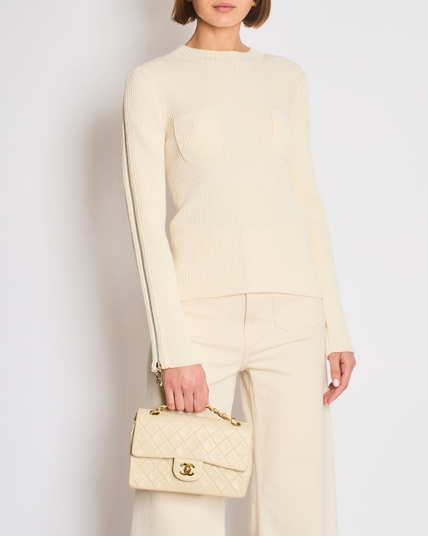 Chanel Cream Knit Wool Jumper with Gold Bag Charm Sleeve Details Size FR 38 (UK 10)