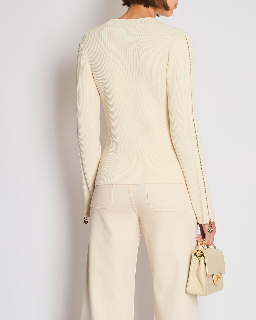 Chanel Cream Knit Wool Jumper with Gold Bag Charm Sleeve Details Size FR 38 (UK 10)
