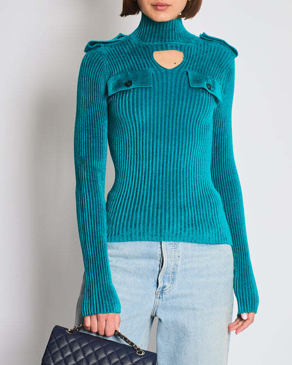 Bottega Veneta Teal Ribbed Long Sleeve High Neck Jumper with Cut Out Detail Size S (UK 6/8)