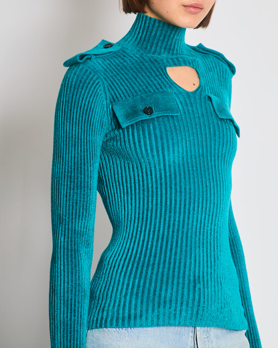 Bottega Veneta Teal Ribbed Long Sleeve High Neck Jumper with Cut Out Detail Size S (UK 6/8)