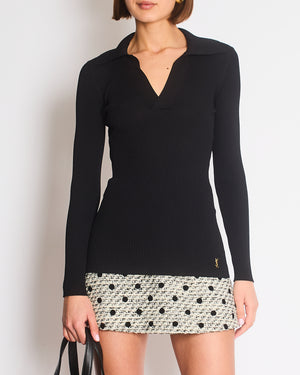 Saint Laurent Black Ribbed Long Sleeve Top with YSL Gold Metal Logo Size XS (UK 4/6)