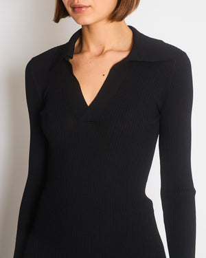 Saint Laurent Black Ribbed Long Sleeve Top with YSL Gold Metal Logo Size XS (UK 4/6)