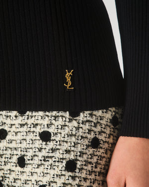 Saint Laurent Black Ribbed Long Sleeve Top with YSL Gold Metal Logo Size XS (UK 4/6)