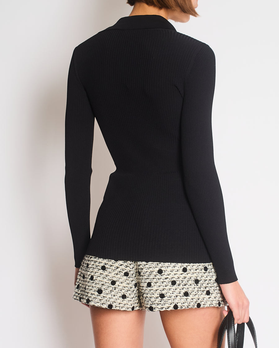 Saint Laurent Black Ribbed Long Sleeve Top with YSL Gold Metal Logo Size XS (UK 4/6)