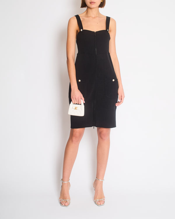 Chanel Black Jersey Strap Dress with Pearl and Zip Detail Size FR 42 (UK 14)