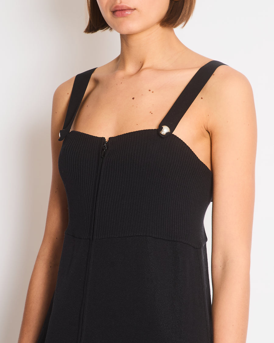 Chanel Black Jersey Strap Dress with Pearl and Zip Detail Size FR 42 (UK 14)