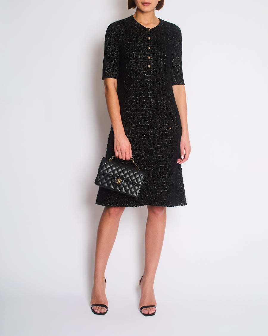 Chanel Black Short Sleeve Waffle Midi Dress with Weaved Gold Detail Size FR 42 (UK 14)