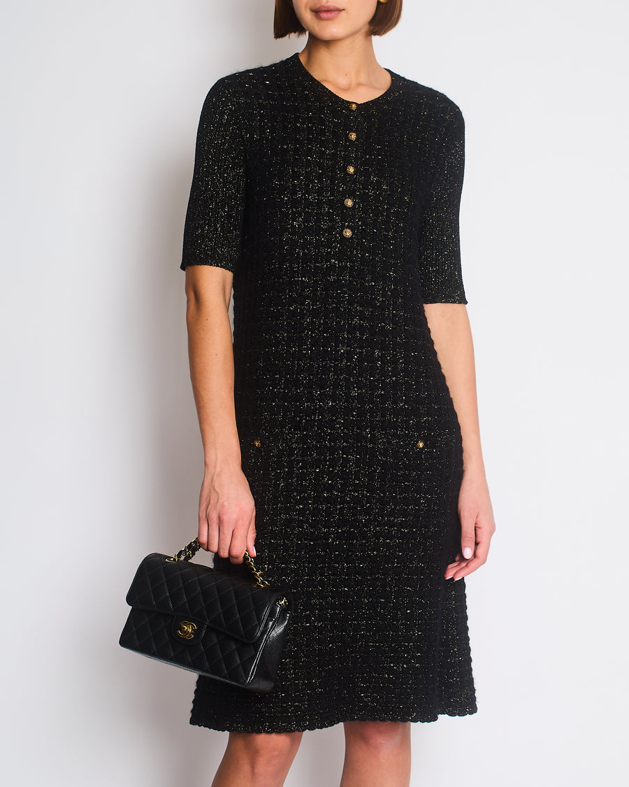 Chanel Black Short Sleeve Waffle Midi Dress with Weaved Gold Detail Size FR 42 (UK 14)