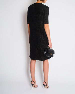 Chanel Black Short Sleeve Waffle Midi Dress with Weaved Gold Detail Size FR 42 (UK 14)